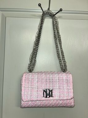 Light Pink Tweed Chain Shoulder Bag with Silver Hardware